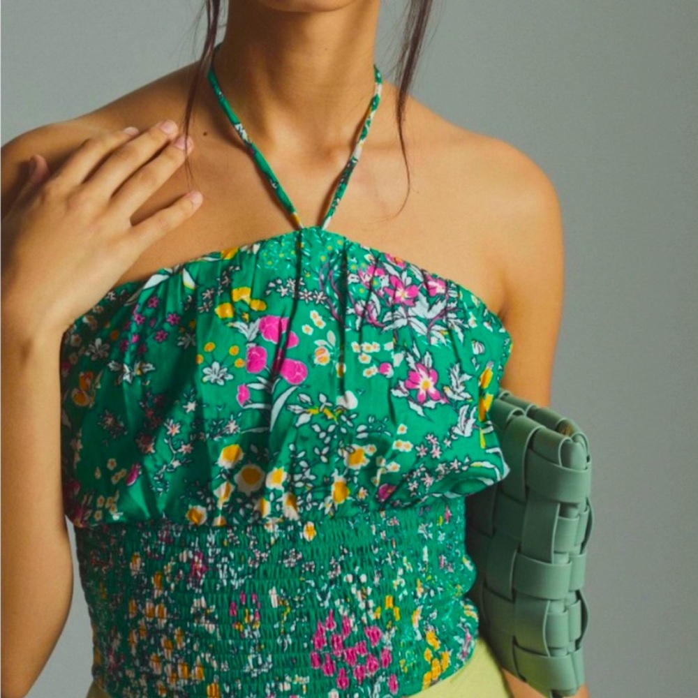 Anthropologie X Maeve Green Smocked Liberty Floral Woven Halter Top (x-small)